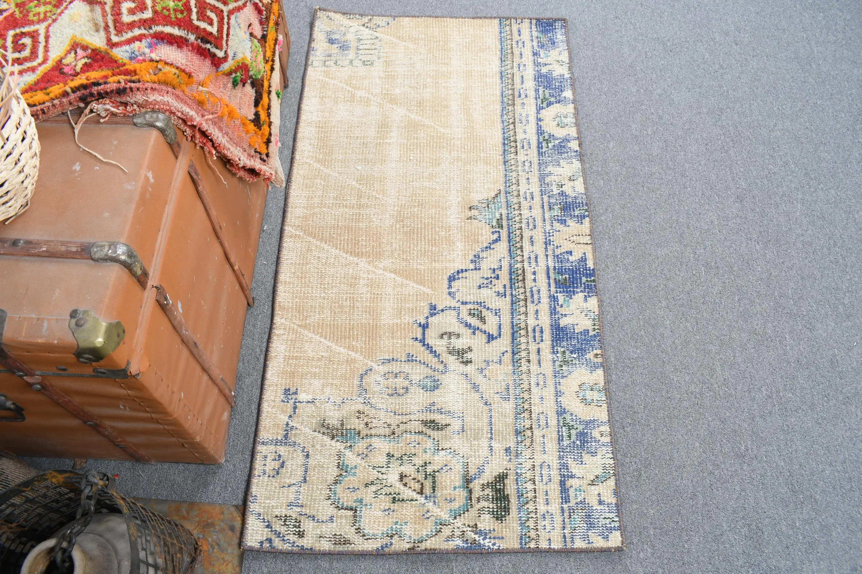 Vintage Rug, 2x3.9 ft Turkish Rug, Blue White Floral Wool Rug - 1