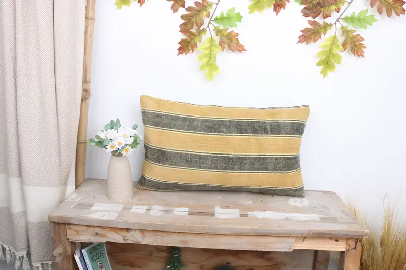 Pillow Cover, Ethnic Throw Pillow Case, Handmade Kilim Cushion, Outdoor Throw Pillow, Antique Pillows, Pillow for Couch, 12x20 Yellow Cushion - 1