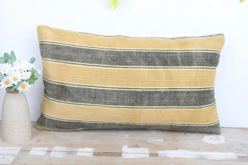 Pillow Cover, Ethnic Throw Pillow Case, Handmade Kilim Cushion, Outdoor Throw Pillow, Antique Pillows, Pillow for Couch, 12x20 Yellow Cushion - 2