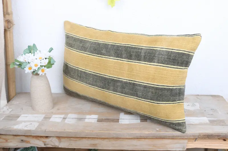 Pillow Cover, Ethnic Throw Pillow Case, Handmade Kilim Cushion, Outdoor Throw Pillow, Antique Pillows, Pillow for Couch, 12x20 Yellow Cushion - 4