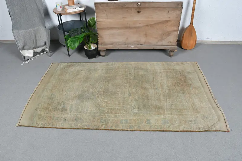 Zarif Bej ve Yeşil Kareli Halı, 3,6x6,2 ft