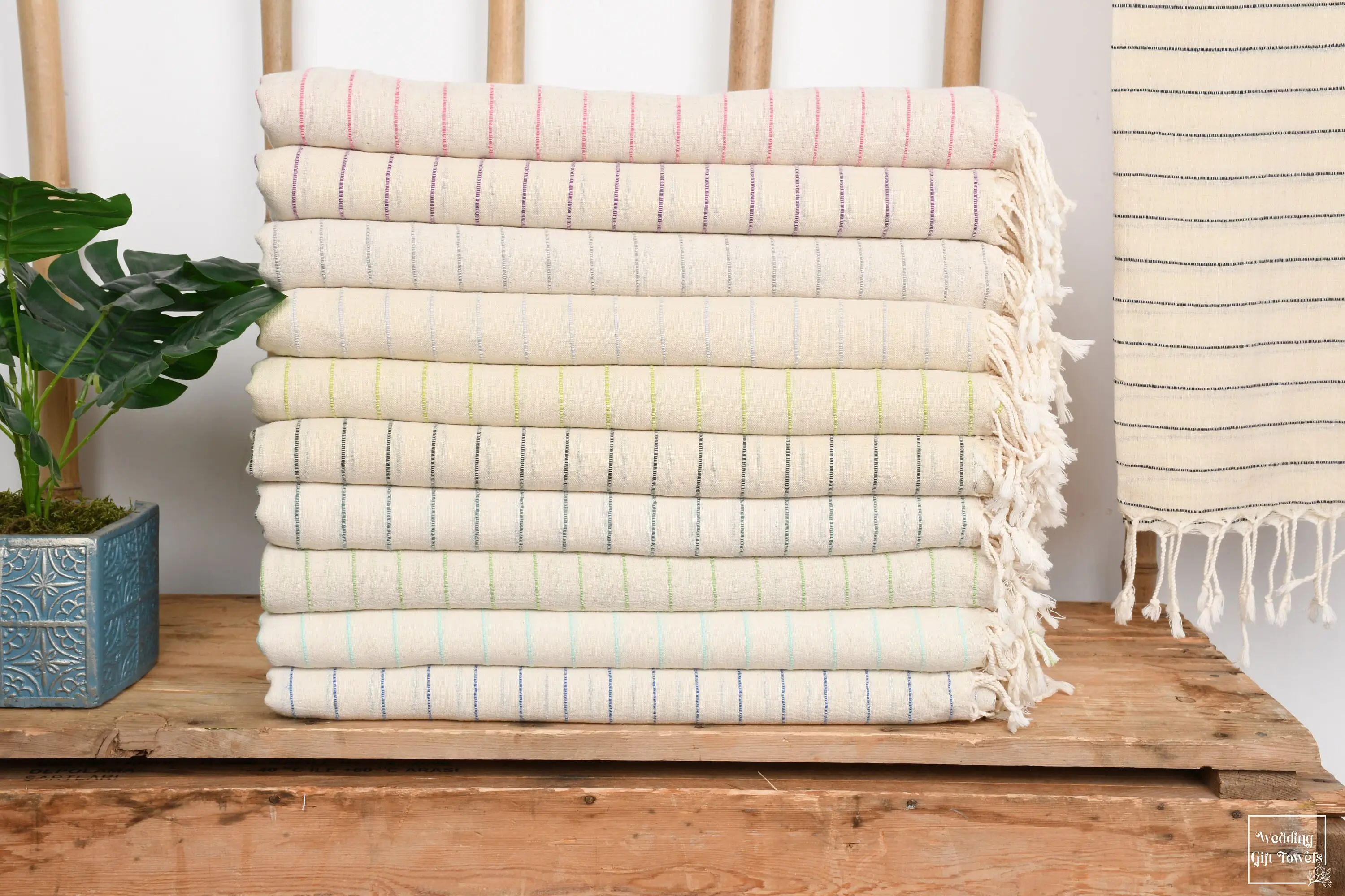 Handmade Striped Turkish Cotton Towel Beige, 38x63 Inches - 1