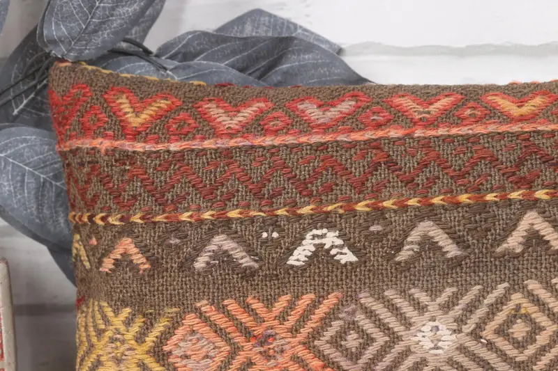 Turkish Bench Pillow Case, Pillow Sham, Kilim Pillow Cover, Interior Designer Pillow, 8x16 Brown Cushion Case, Gift Pillow, Decorative Throw Cushion - 2