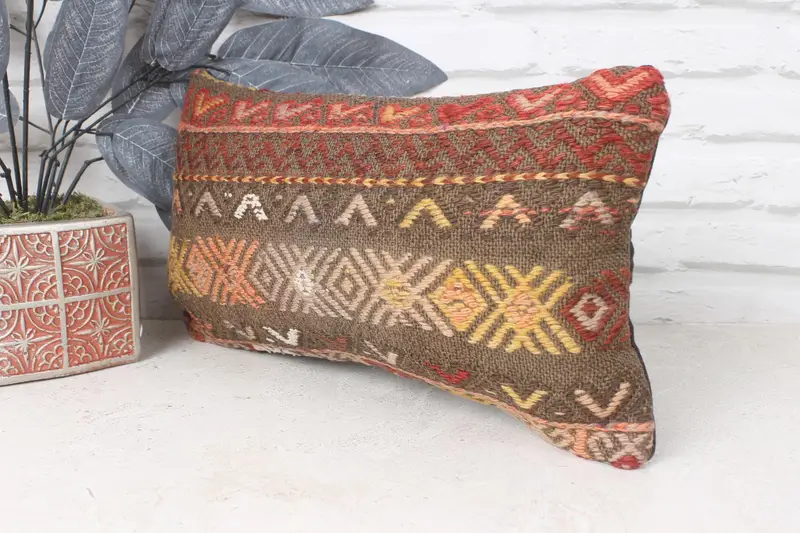 Turkish Bench Pillow Case, Pillow Sham, Kilim Pillow Cover, Interior Designer Pillow, 8x16 Brown Cushion Case, Gift Pillow, Decorative Throw Cushion - 3