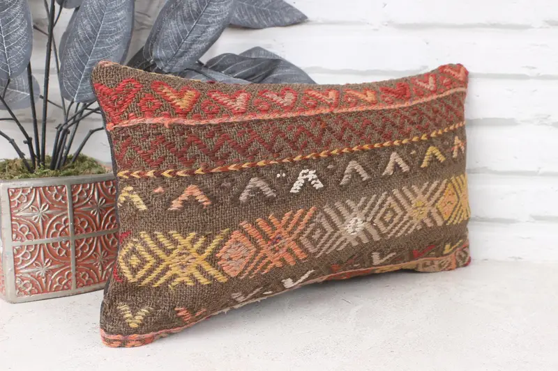 Turkish Bench Pillow Case, Pillow Sham, Kilim Pillow Cover, Interior Designer Pillow, 8x16 Brown Cushion Case, Gift Pillow, Decorative Throw Cushion - 4