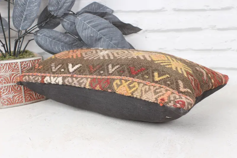 Turkish Bench Pillow Case, Pillow Sham, Kilim Pillow Cover, Interior Designer Pillow, 8x16 Brown Cushion Case, Gift Pillow, Decorative Throw Cushion - 6