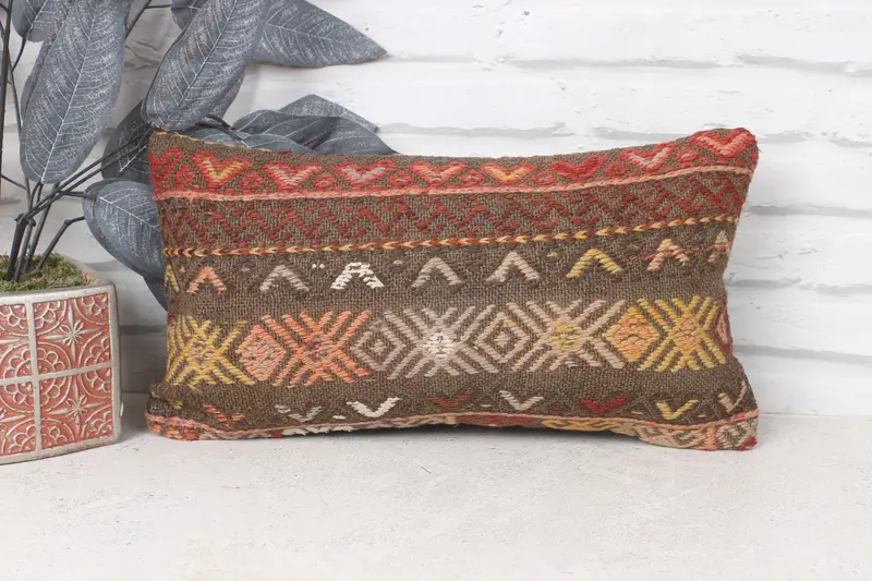 Turkish Bench Pillow Case, Pillow Sham, Kilim Pillow Cover, Interior Designer Pillow, 8x16 Brown Cushion Case, Gift Pillow, Decorative Throw Cushion - 1