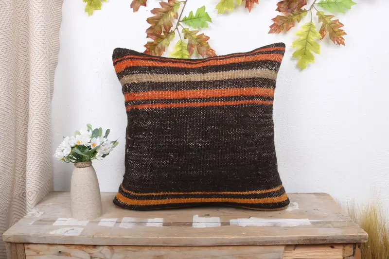 Kilim Pillow Cover, Pillow for Couch, Bolster Cushion, Pillow for Sofa, Cushion, Art Deco Cushion, Couch Cushion Case, 18x18 Brown Cushion Case - 1