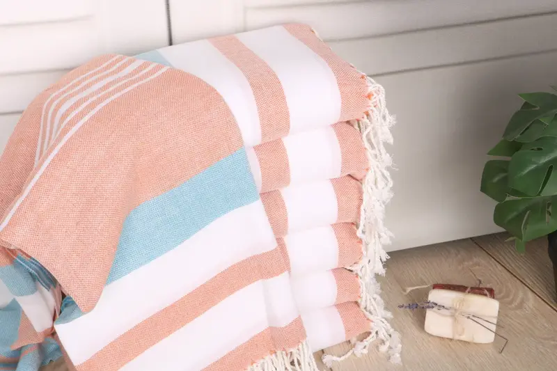 Orange-Turquoise Cotton Towel Striped Turkish Towel 70x40 Inches