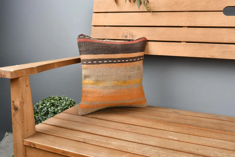 Cushion Case, Turkish Pillow, Nautical Throw Pillow Cover, 12x12 Orange Pillow Case, Kilim Pillow Cover, Handmade Kilim Cushion - 1
