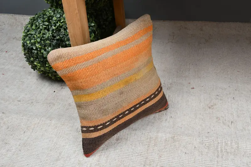 Cushion Case, Turkish Pillow, Nautical Throw Pillow Cover, 12x12 Orange Pillow Case, Kilim Pillow Cover, Handmade Kilim Cushion - 7