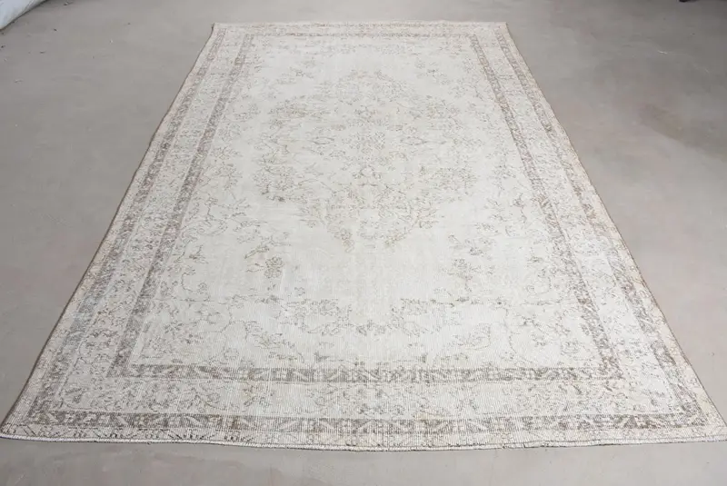 Vintage Türk Halısı, 6.1x9.6 ft Oushak Halı, Beyaz Gri Oryantal Yün Halı - 1