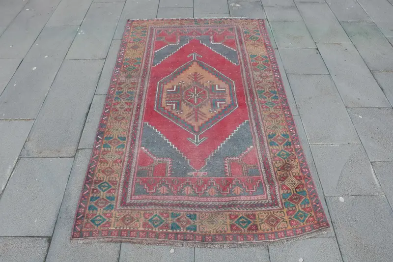 Vintage Turkish Accent Rug 3.6x6 ft, Red Blue Rug - 1