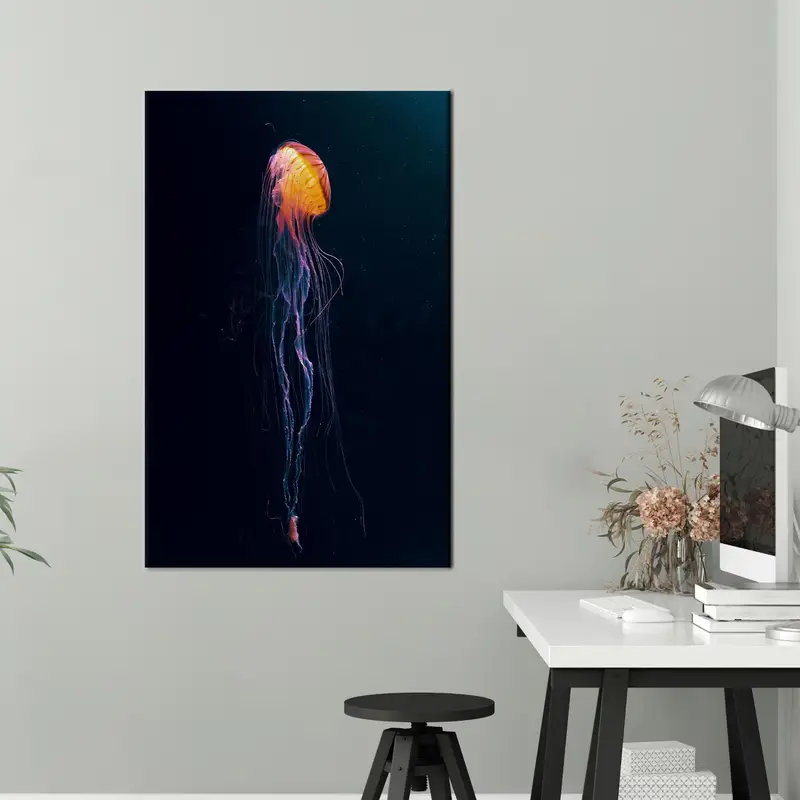 Arte de pared submarino, decoración de la pared de lona naranja, arte de medusas de naranja, decoración de la pared de lona, ​​arte de pared de lona moderno, regalo para el hogar, arte de lona - 2