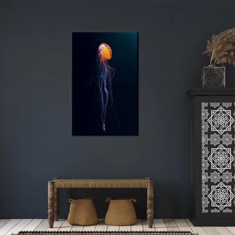 Arte de pared submarino, decoración de la pared de lona naranja, arte de medusas de naranja, decoración de la pared de lona, ​​arte de pared de lona moderno, regalo para el hogar, arte de lona - 1