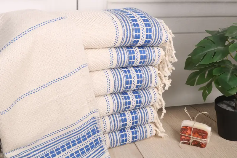 Monogram Kitchen Towel Striped Hand Towel, Sax Blue Linen, 20x40 Inches
