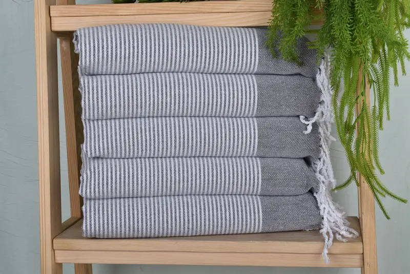 Striped Hand Towel Black Organic Cotton/Linen, 18x40 Inches