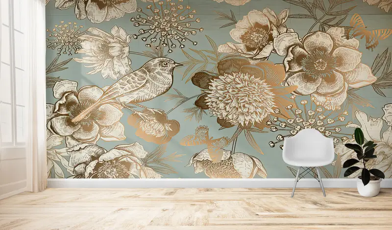 Altın Kelebek Lüks Vintage Duvar Kağıdı - Baskılı Çiçek Elegance