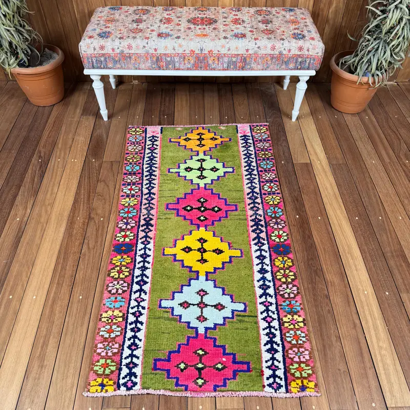 Alfombra turca vintage, alfombra Oushak de 2,5x4,8 pies, alfombra marroquí pequeña verde - 1