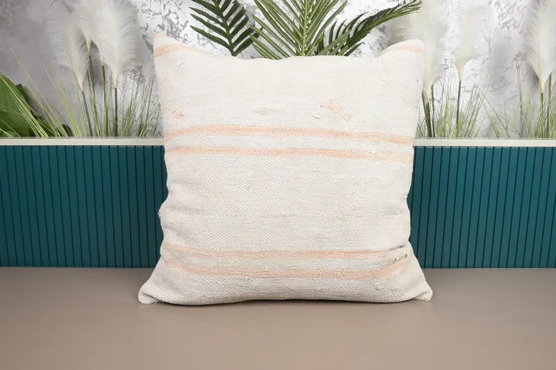 Beige & Orange gestreiftes Kissen, besticktes Vintage Kissen