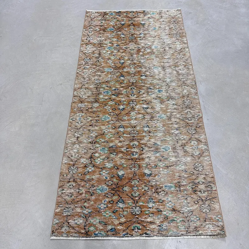 Turkish Accent Rug 2.9x6.3 ft, Vintage Oushak Brown Camouflage Wool Rug - 1