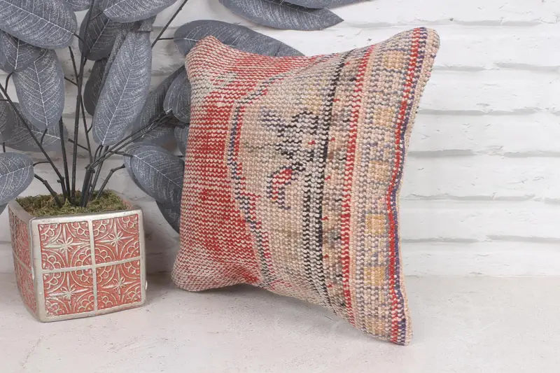 Cushion Cover, Pillow for Sofa, Turkish Pillow, Turkish Rugs Pillow Sham, 12x12 Red Cushion Cover, Handmade Kilim Cushion - 3