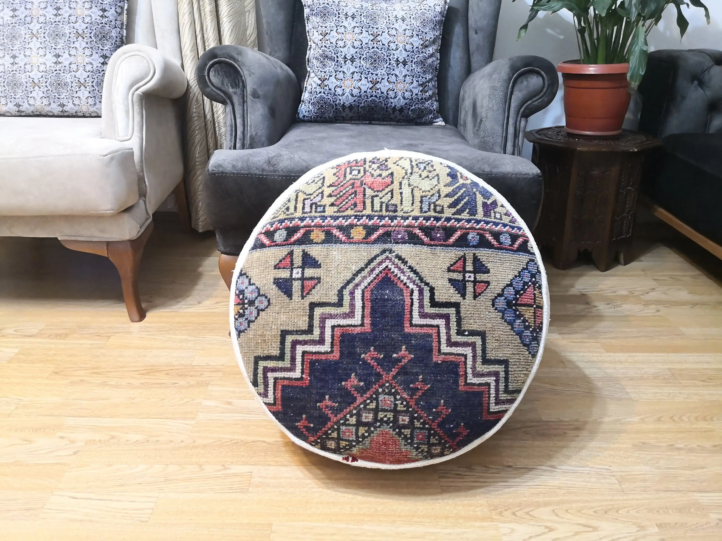 Puf azul y gris inspirado en Kilim hecho a mano, puf otomano rectangular - 1