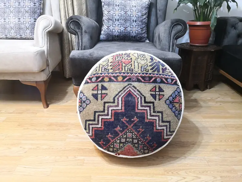 Handmade Kilim-Inspired Blue & Gray Pouf, Rectangular Ottoman Pouf