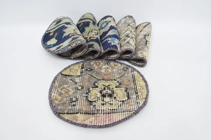 ボヘミアン ブルー & ベージュ サークル プレースマット、コットン & ウール テーブル装飾