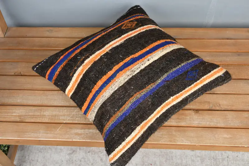 Turkish Rugs Cushion Cover, Custom Pillow Cover, Pillow Cover, Pillow for Sofa, Kilim Pillow Cover, Vintage Kilim Throw Pillow, 18x18 Brown Pillow - 2