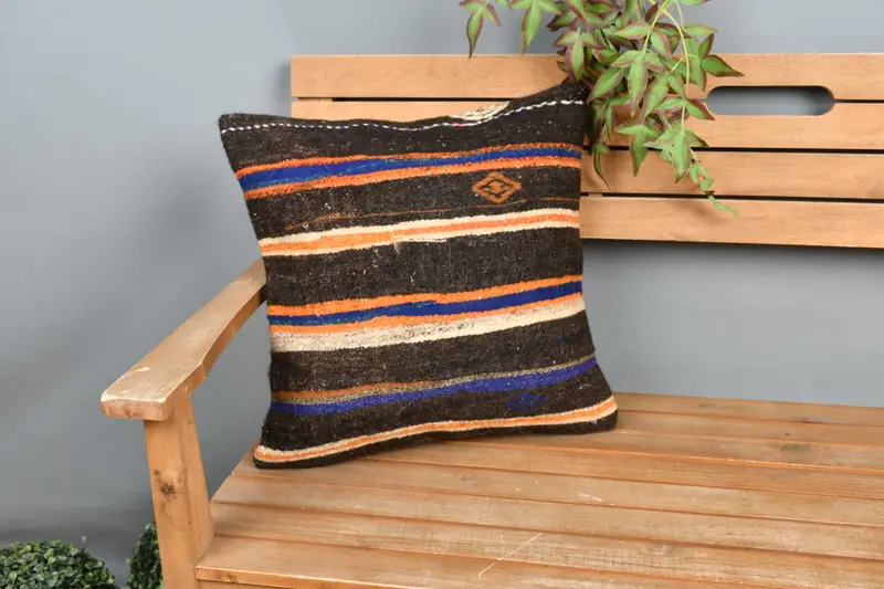 Turkish Rugs Cushion Cover, Custom Pillow Cover, Pillow Cover, Pillow for Sofa, Kilim Pillow Cover, Vintage Kilim Throw Pillow, 18x18 Brown Pillow - 1