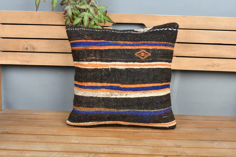 Turkish Rugs Cushion Cover, Custom Pillow Cover, Pillow Cover, Pillow for Sofa, Kilim Pillow Cover, Vintage Kilim Throw Pillow, 18x18 Brown Pillow - 6