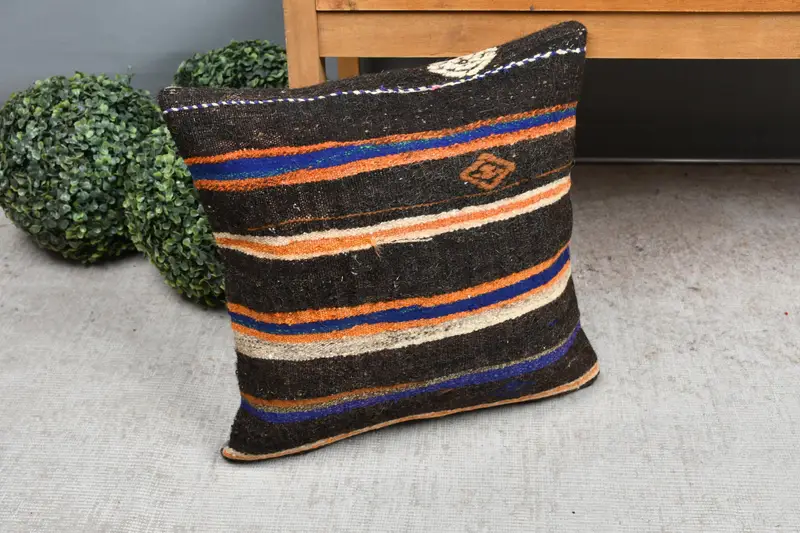 Turkish Rugs Cushion Cover, Custom Pillow Cover, Pillow Cover, Pillow for Sofa, Kilim Pillow Cover, Vintage Kilim Throw Pillow, 18x18 Brown Pillow - 7