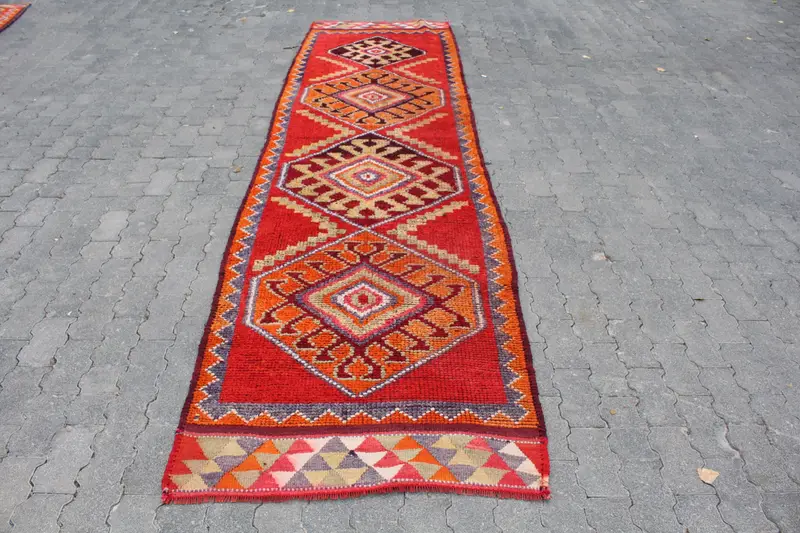 3x12 ft Teppich, türkischer Vintage Teppich, roter Herki Wollteppich - 1