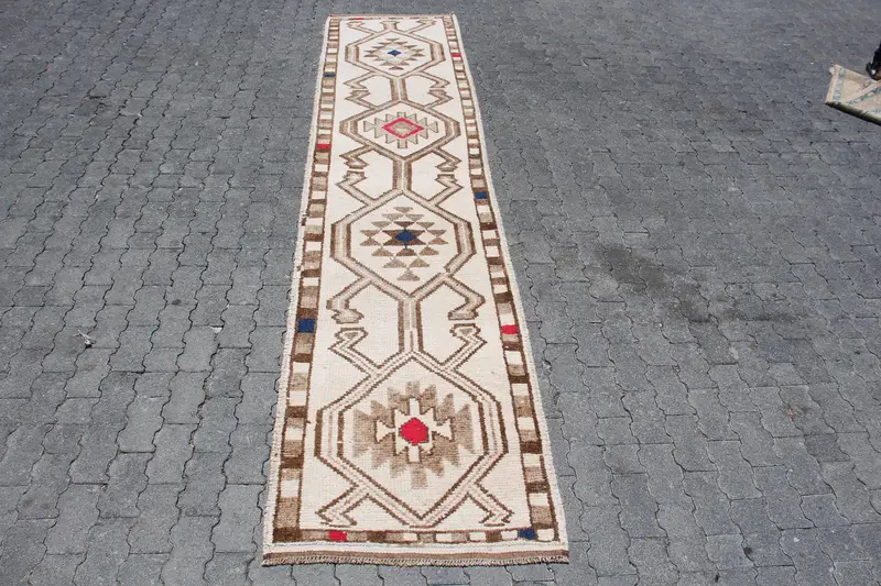 Vintage Turkish Herki Rug 2.7x9.8 ft, Brown Runner Floral Wool Rug - 1