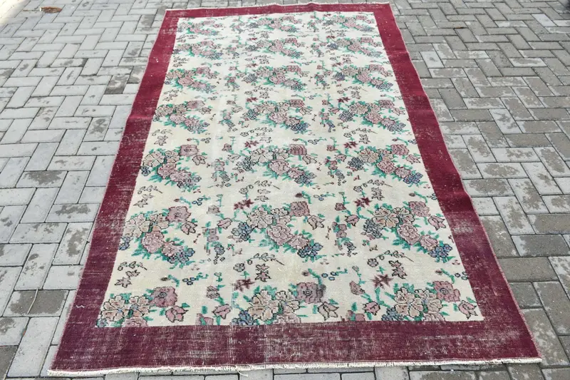 5.3x8.6 ft Vintage Türk Halısı, Büyük Halı, Kırmızı Oushak Kamuflaj Halı - 1