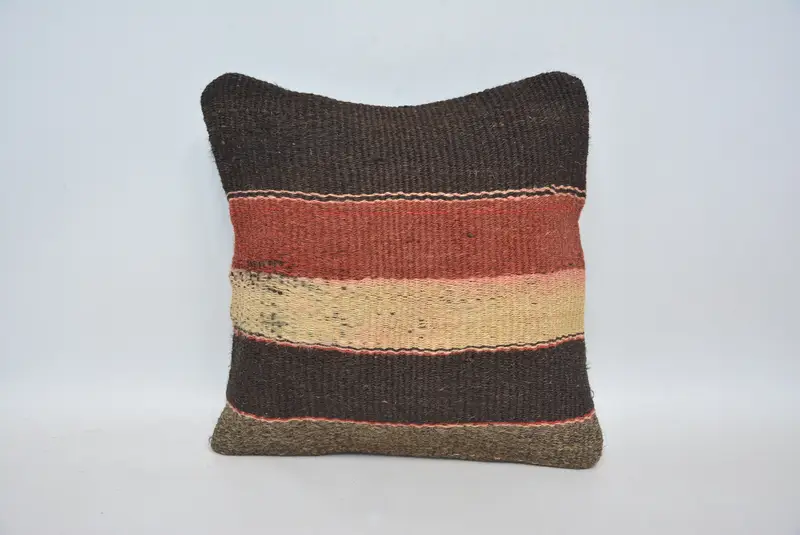 Bolster Pillow Case, Turkish Pillow, Vintage Kilim Pillow, Floor Pillow, Cushion Cover, Handmade Kilim Cushion, 14x14 Brown Pillow - 1