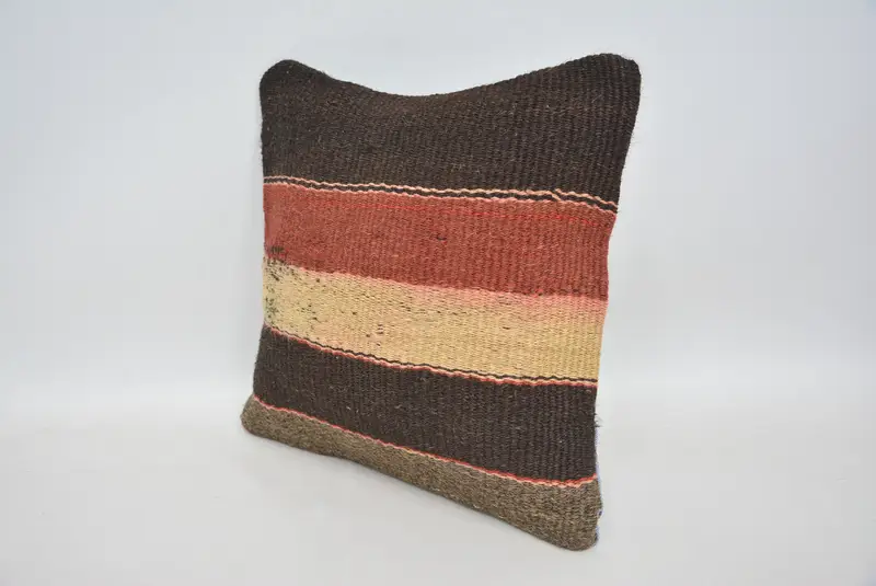 Bolster Pillow Case, Turkish Pillow, Vintage Kilim Pillow, Floor Pillow, Cushion Cover, Handmade Kilim Cushion, 14x14 Brown Pillow - 4