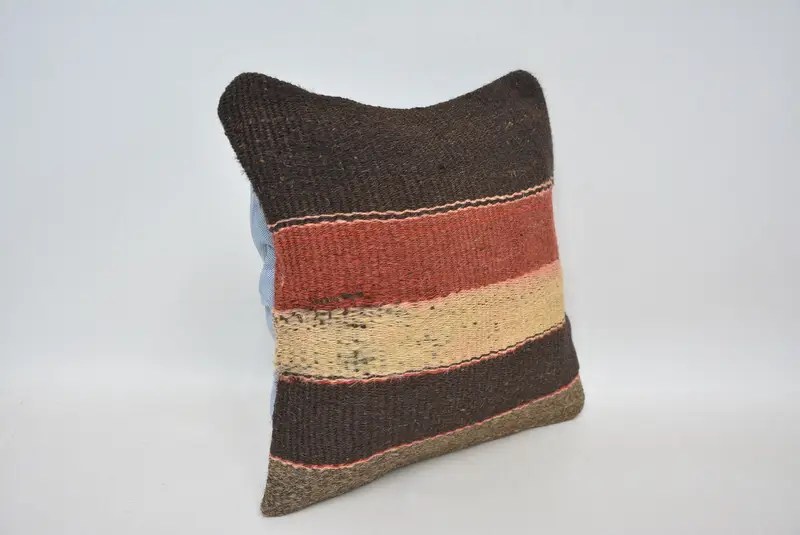 Bolster Pillow Case, Turkish Pillow, Vintage Kilim Pillow, Floor Pillow, Cushion Cover, Handmade Kilim Cushion, 14x14 Brown Pillow - 3