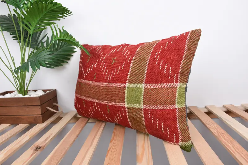 Handmade Kilim Cushion, Ethnical Kilim Rug Pillow, 16x24 Red Cushion, Kilim Pillow Cover, Pillow Cover, Garden Cushion Case - 5