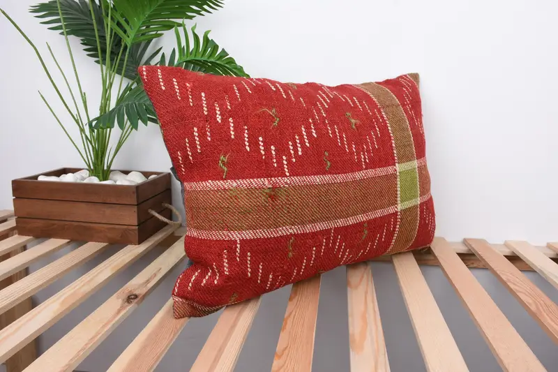 Handmade Kilim Cushion, Ethnical Kilim Rug Pillow, 16x24 Red Cushion, Kilim Pillow Cover, Pillow Cover, Garden Cushion Case - 4