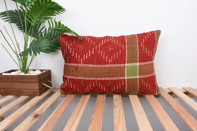 Handmade Kilim Cushion, Ethnical Kilim Rug Pillow, 16x24 Red Cushion, Kilim Pillow Cover, Pillow Cover, Garden Cushion Case - 1