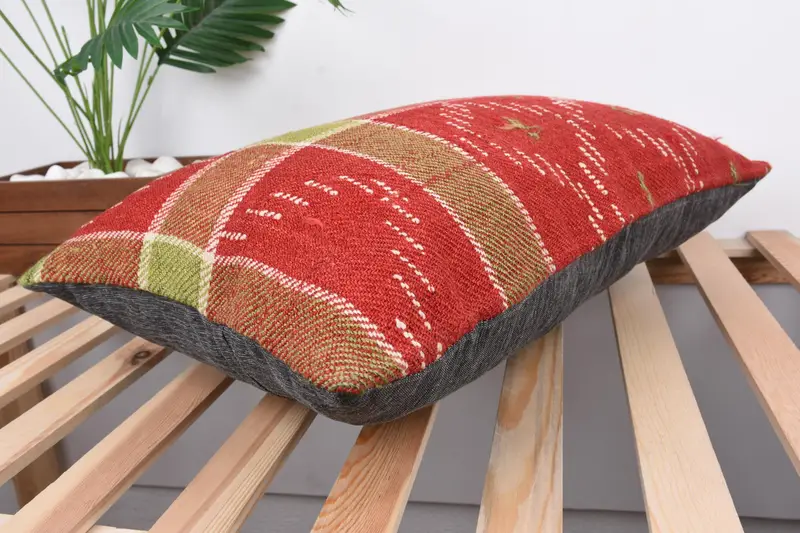 Handmade Kilim Cushion, Ethnical Kilim Rug Pillow, 16x24 Red Cushion, Kilim Pillow Cover, Pillow Cover, Garden Cushion Case - 6