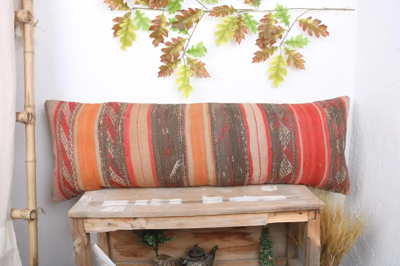 Bench Pillow, Bolster Throw Pillow Cover, Kilim Pillow, Sustainable Pillow Sham, Pillow, 16x48 Orange Pillow Sham, Gift Pillow, Turkish Kilim Pillow - 1