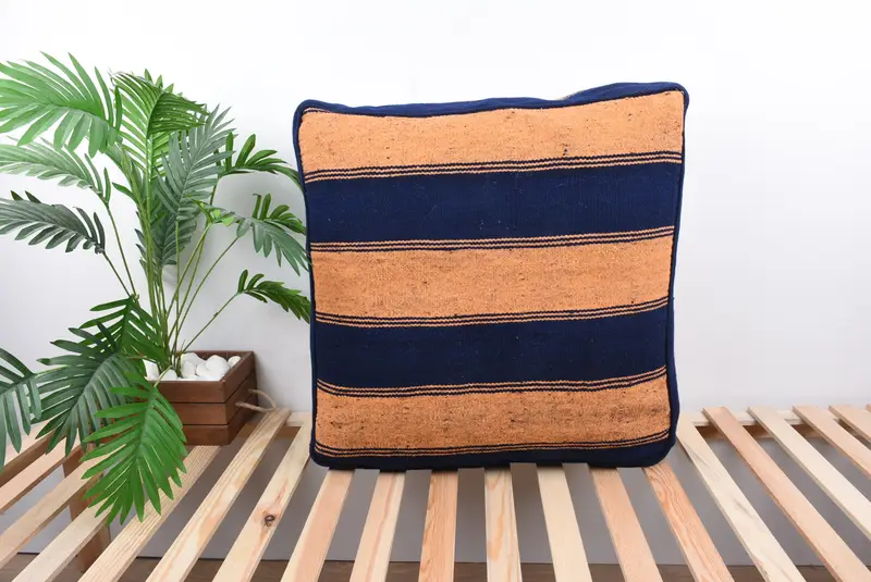 Blue & Yellow Kilim-Inspired Pouf, Multi-Purpose Ottoman Pouf