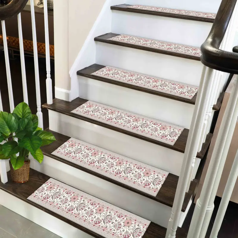 Pink Floral Kilim Stair Rug, Farmhouse Bohemian Printed Rug
