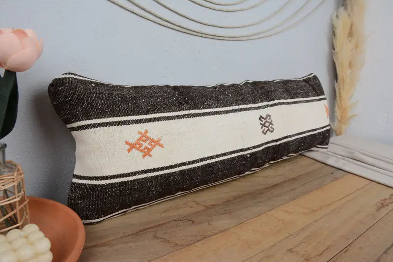 Ethnical Kilim Rug Pillow, Vintage Pillow, Boho Chic Pillow, 12x36 White Cushion Cover, Pillow Case, Ottoman Pillow Case, Turkish Kilim Pillow - 1