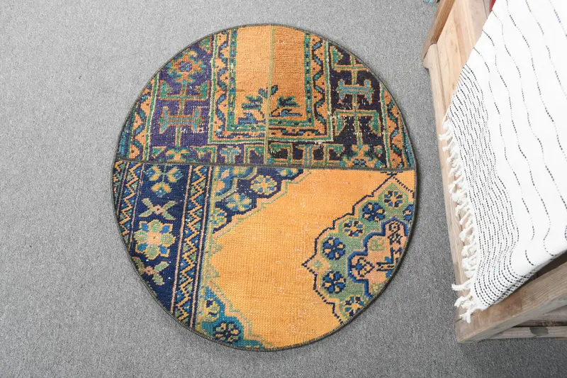 Alfombra de patchwork amarilla y azul, decoración elegante de 2,5 x 2,9 pies