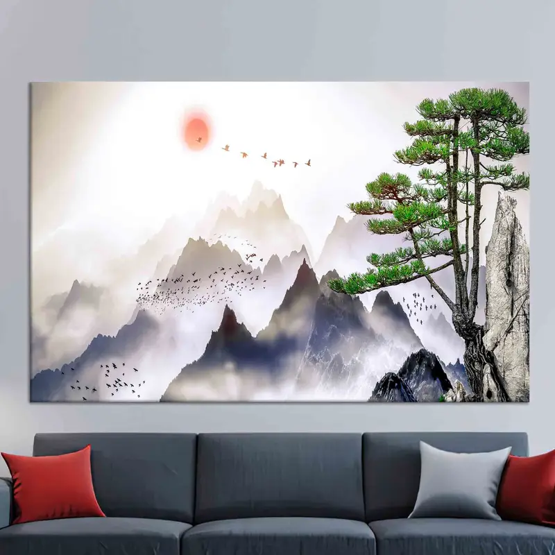 Elegante japanische Berglandschaft, bedruckte Leinwandkunst