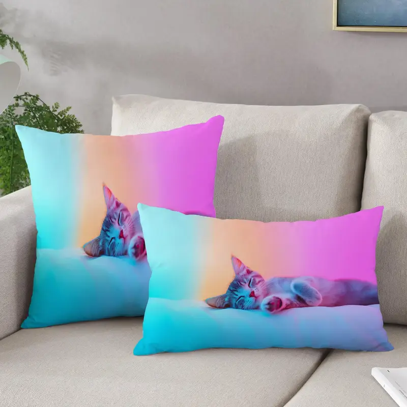 Colorful Dreams Printed Pillow: Cute Cat Sleeping Design